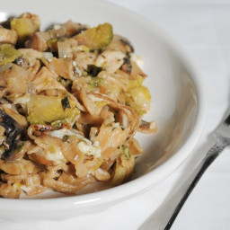 Pasta with Chicken, Mushrooms, Brussels Sprouts and Goat Cheese