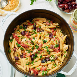 Pasta with Hummus, Olives, Feta, and Red Pepper