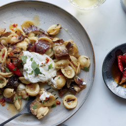 Pasta with Marinated Grilled Eggplant, Burrata and Chiles