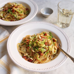 Pasta with Shaved Brussels Sprouts and Pancetta