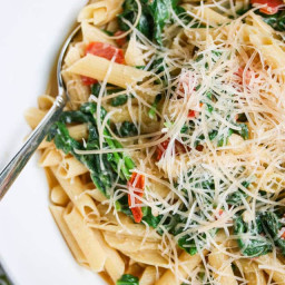 Pasta with Spinach Tomatoes and Parmesan Cheese