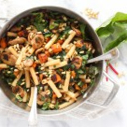 Pasta with sweet potatoes, sausage and swiss chard