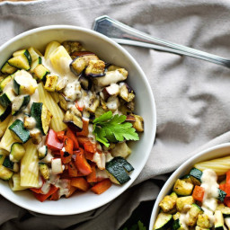 Pasta with Vegetables and Roasted Garlic Tahini Sauce