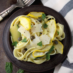 Pattypan squash pasta with capers, chilli and Parmesan