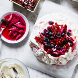 Pavlova with Poached Rhubarb and Berries