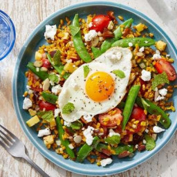 Peach & Snap Pea Grain Bowl with Feta Cheese & a Sunny Side-Up Egg