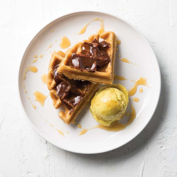 Peanut Butter Waffles with Chocolate Ganache, Curry-Banana Ice Cream, and M