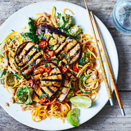 Peanut satay vegetable noodles with broccoli and grilled aubergine