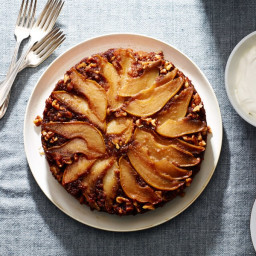 Pear and Walnut Upside-Down Cake with Whipped Crème Fraîche