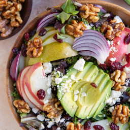 Pear Apple Avocado Spinach Salad with Candied Walnuts, Feta, and Balsamic V