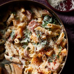 Penne Pasta with Sausage, Butternut Squash and Chard