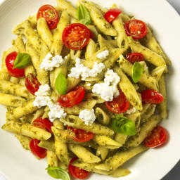 Penne with Basil Pesto, Cherry Tomatoes and Ricotta