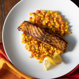 Pepper Crust Salmon with Creamed Corn and Bell Pepper
