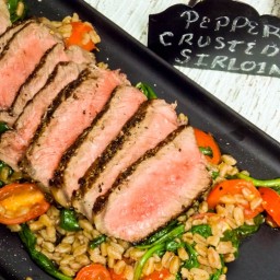 Pepper Crusted Sirloin with Warm Farro Spinach Salad