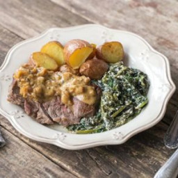 Peppercorn Steak with Crispy Roasted Potatoes and Creamed Kale