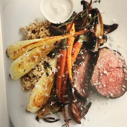 Peppered beef with farro and roasted vegetables