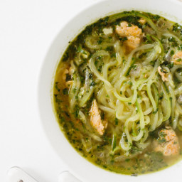 Pesto and Chicken Sausage Soup with Zucchini Noodles