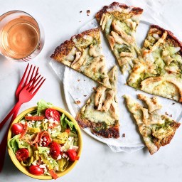 Pesto Chicken Cauliflower Pizza and Antipasto Salad