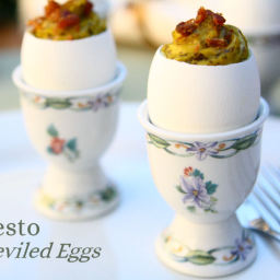 Pesto Deviled Eggs in Spring Floral Egg Cups