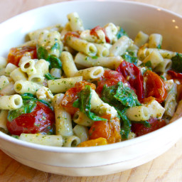 Pesto Pasta with Sautéed Baby Hierloom Tomatoes, Fresh Spinach and Feta