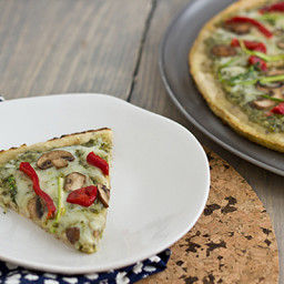 Pesto Pizza with Roasted Red Peppers, Cremini Mushrooms & Asparagus