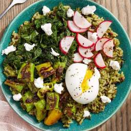 Pesto Rice & Veggie Bowls with Goat Cheese & Soft-Boiled Eggs