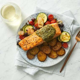 Pesto Salmon & Roasted Vegetables with Olives & Capers