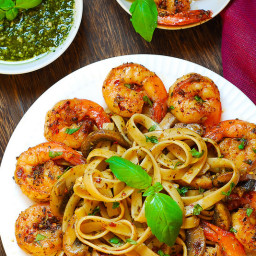 Pesto Shrimp Fettuccine in Mushroom Garlic Sauce