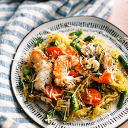 Pesto Spaghetti Squash with Grilled Shrimp and Asparagus