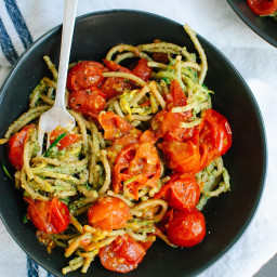 Pesto Squash Noodles and Spaghetti with Burst Cherry Tomatoes