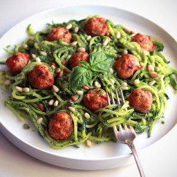 Pesto Zoodles with Mini Chicken Bacon Meatballs