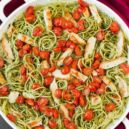 Pesto Spaghetti with Roasted Tomatoes and Grilled Chicken