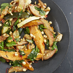 Peter Gordon's Chilli-Roast Sweet Potato With Courgettes, Hazelnuts and Pea