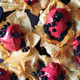 Phyllo Flowers with Sorbet and Blueberries