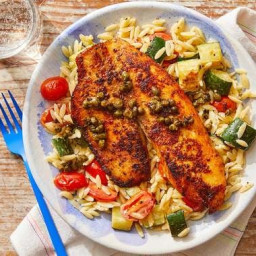 Piccata-Style Tilapia with Orzo, Zucchini & Tomatoes