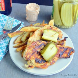 Pickle Chicken with Garlic Fries and Spicy Pickle Dip