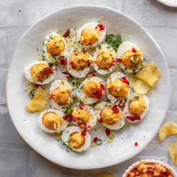 Pimento Cheese Deviled Eggs with Crushed Potato Chips.