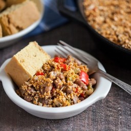 Pinto Bean Skillet Bake with Spicy Sunflower Oat Crumble Topping