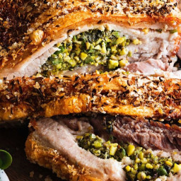 Pistachio and olive stuffed pork belly