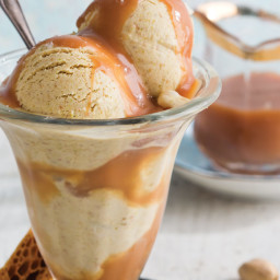 Pistachio-Cardamom Ice-Cream Sundae with Salted Caramel and Honeycomb Candy