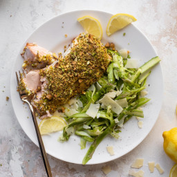 Pistachio Crusted Salmon with Shaved Asparagus Salad.