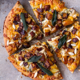 Pizza with roasted butternut, caremelized onions and bacon