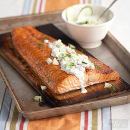 Planked Salmon with Cucumber-Dill Sauce