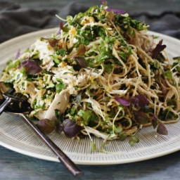 Poached chicken and cold soba noodle salad with chunky nut Sriracha dressin