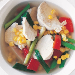 Poached chicken, corn and capsicum soup