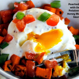 Poached Eggs and Roasted Sweet Potatoes with Honey Mustard Sauce
