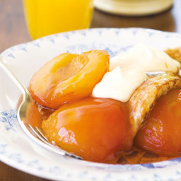 Poached peaches with oat-buttermilk pancakes