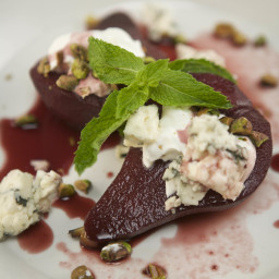 Poached Pears With Port Syrup And Blue Cheese