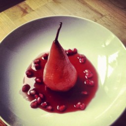 Poached Pears with Red Wine Sauce and Raspberry Sorbet