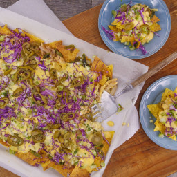 Poblano and Chicken Nachos with Queso and Raw Salsa Verde